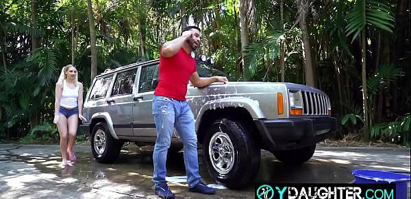  Washing the car turns steamy when daddys friend decides to bang horny daughter